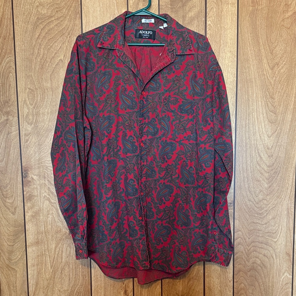 Adolfo Tall Man Red Paisley Men's Shirt Size XL Button Down Long Sleeves USA